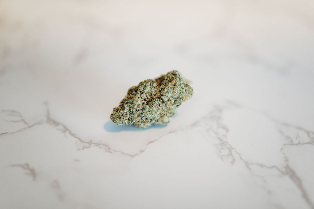 A CBD flower on a white-marbled surface